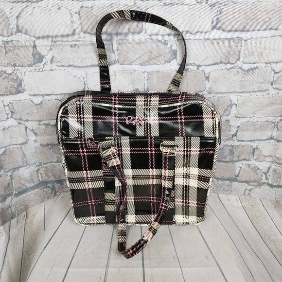 Roxy Luggage Large Overnight Tote Plaid Pink Black Cream Coated Cotton 14" x 14" - Picture 2 of 14